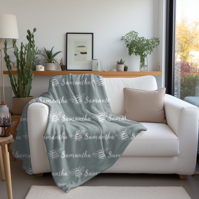 Trendy Bee Custom Calligraphy Name Grey Bombay Fleece Blanket (Creator Uploaded)