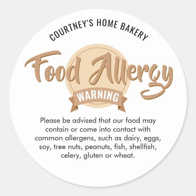Trendy Beige Food Safety Allergens Alert Warning Classic Round Sticker (Front)