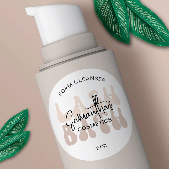 Trendy Beige Retro Font Lash Extensions Cleanser Classic Round Sticker (Trendy beige and white lash bath labels with retro fonts and space for your brand name)