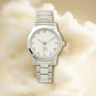 Trendy Beige Stylish Gold Monogram Name Watch