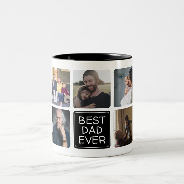 Trendy Best DAD Ever Script Simple 9 Photo Collage Two-Tone Coffee Mug (Center)