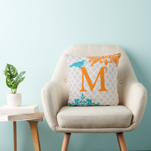 Trendy Bird Coral Aqua Monogram Moroccan Tile Cushion