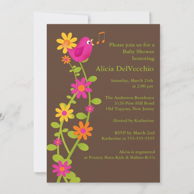 Trendy Bird & Flowers Baby Shower Invitation (Front)