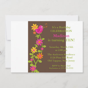 Trendy Bird & Flowers Birthday Invitation