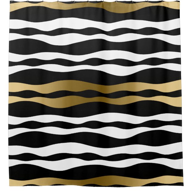 Trendy Black Abstract Zebra Stripes Gold Accents Shower Curtain (Front)