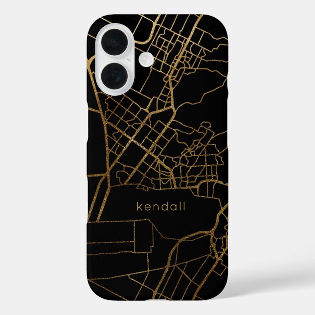 Trendy Black and Faux Gold Map Design with Name Case-Mate iPhone Case (Back)