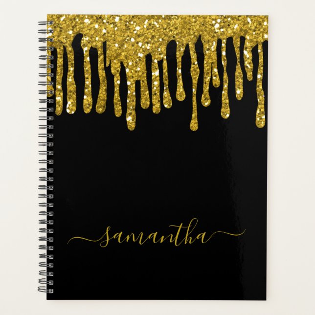 Trendy Black And Gold Glitter Drips Custom Name Planner (Front)