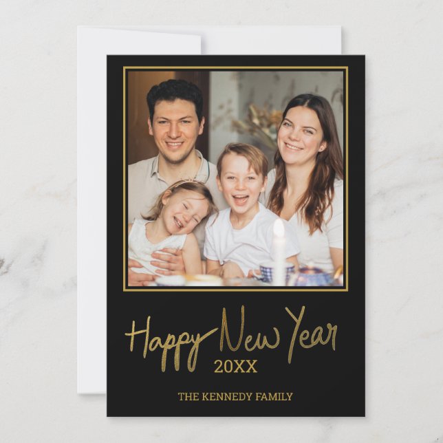 Trendy Black And Gold Happy New Year Photo Holiday Card (Front)