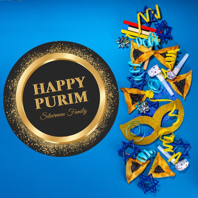 Trendy Black and Gold Jewish Holiday Happy Purim   Classic Round Sticker (Creator Uploaded)