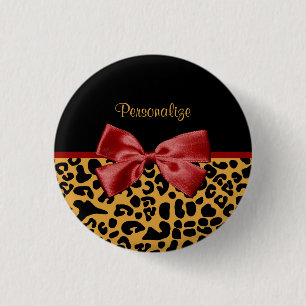 Trendy Black and Gold Leopard Print Red Ribbon Bow 3 Cm Round Badge