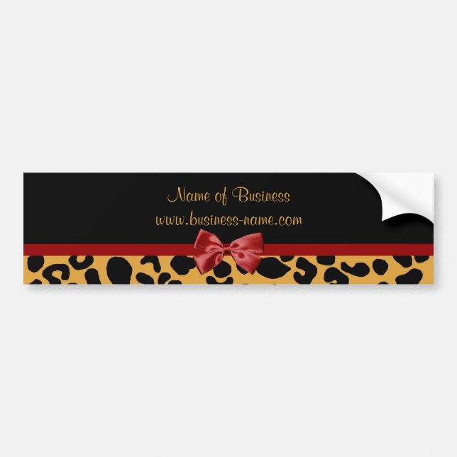 Trendy Black and Gold Leopard Print Red Ribbon Bow Bumper Sticker (Front)