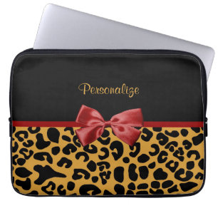 Trendy Black and Gold Leopard Print Red Ribbon Bow Laptop Sleeve