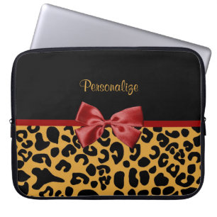 Trendy Black and Gold Leopard Print Red Ribbon Bow Laptop Sleeve