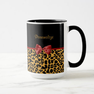 Trendy Black and Gold Leopard Print Red Ribbon Bow Mug