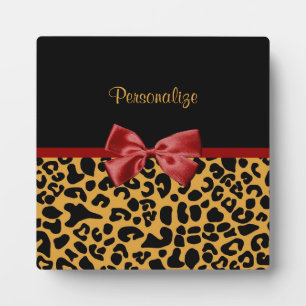 Trendy Black and Gold Leopard Print Red Ribbon Bow Plaque