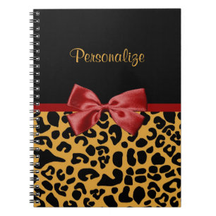 Trendy Black and Gold Leopard Print Red Ribbon Bow Spiral Notebook