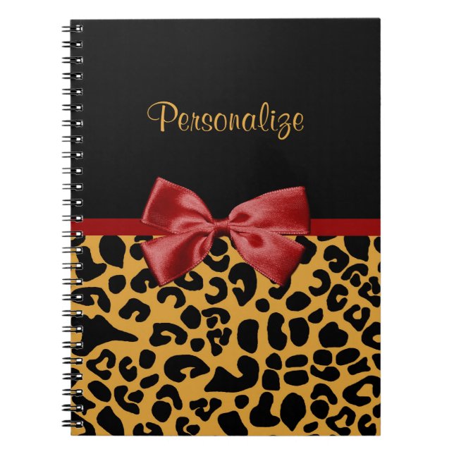 Trendy Black and Gold Leopard Print Red Ribbon Bow Spiral Notebook (Front)