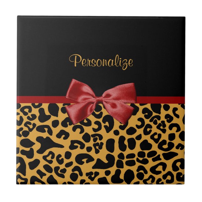 Trendy Black and Gold Leopard Print Red Ribbon Bow Tile (Front)