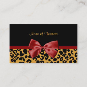 Trendy Black And Gold Leopard Print Red Ribbon Business Card