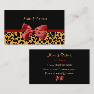 Trendy Black And Gold Leopard Print Red Ribbon Business Card
