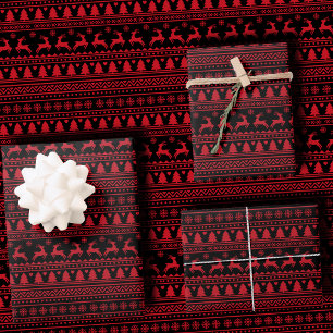 Trendy Black and Red Nordic Ugly Sweater Christmas Wrapping Paper Sheet