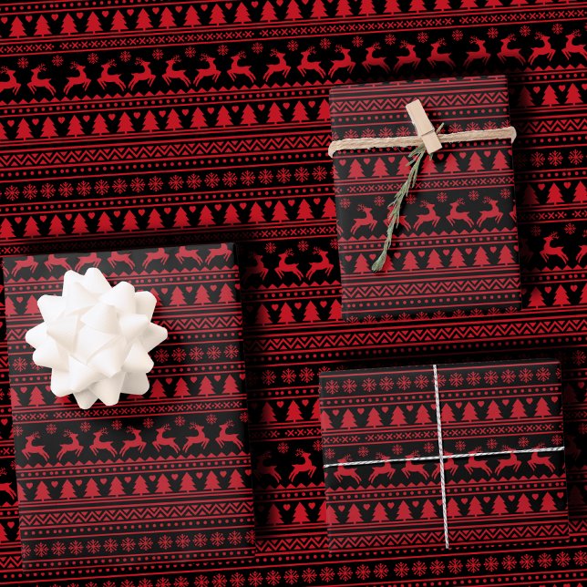 Trendy Black and Red Nordic Ugly Sweater Christmas Wrapping Paper Sheet (Creator Uploaded)
