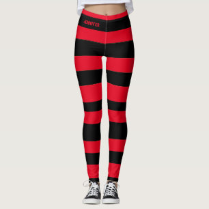 Trendy Black and Red Striped Name Leggings