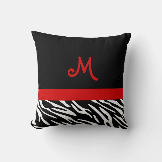 Trendy Black and Red Zebra Stripe Monogram Pillows (Front)