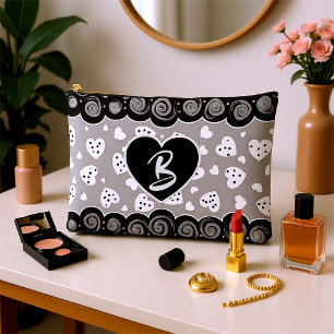 Trendy Black And Silver Heart With Dots And Swirls Accessory Pouch