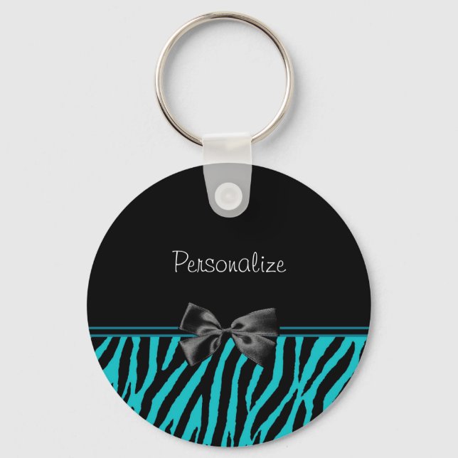Trendy Black And Teal Zebra Print With Ribbon Key Ring (Front)