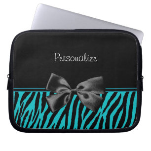 Trendy Black And Teal Zebra Print With Ribbon Laptop Sleeve