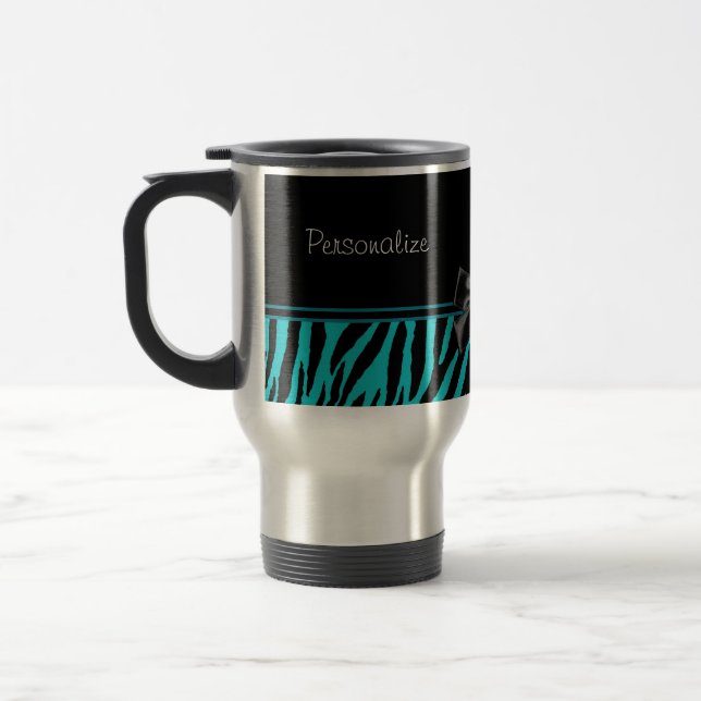 Trendy Black And Teal Zebra Print With Ribbon Travel Mug (Left)