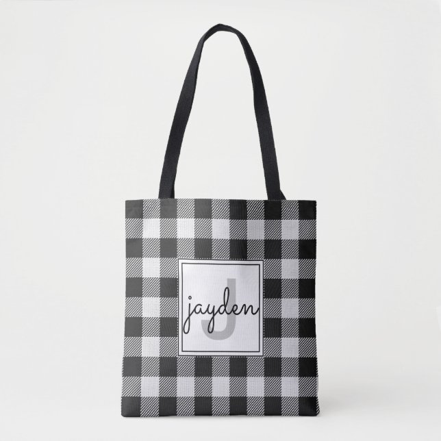 Trendy Black and White Buffalo Plaid Monogrammed Tote Bag (Front)