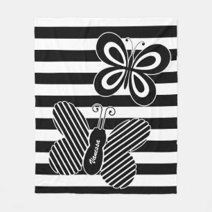 Trendy Black and White Butterfly Stripes With Name Fleece Blanket