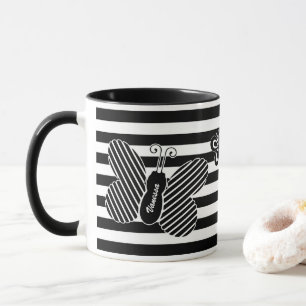 Trendy Black and White Butterfly Stripes With Name Mug