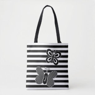 Trendy Black and White Butterfly Stripes With Name Tote Bag