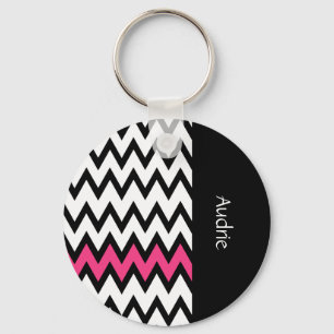 Trendy Black and White Chevron Pink With Name Key Ring