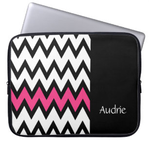 Trendy Black and White Chevron Pink With Name Laptop Sleeve