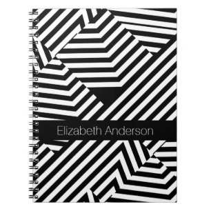Trendy Black and White Geometric Stripes With Name Spiral Notebook