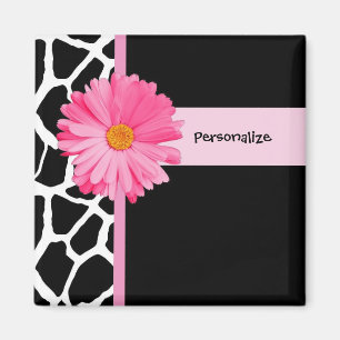 Trendy Black And White Giraffe Pink Daisy and Name Magnet