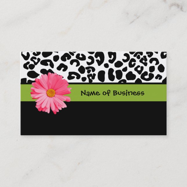 Trendy Black And White Leopard Print Pink Daisy Business Card (Front)