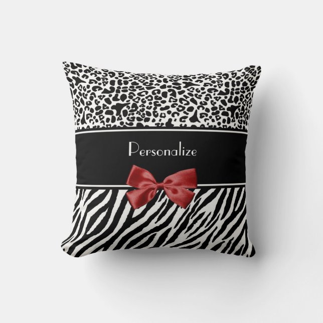 Trendy Black And White Leopard Zebra Print Red Bow Cushion (Front)