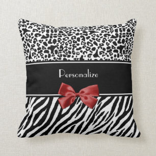 Trendy Black And White Leopard Zebra Print Red Bow Cushion