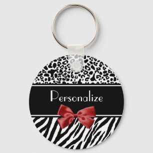 Trendy Black And White Leopard Zebra Print Red Bow Key Ring