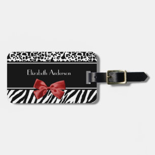Trendy Black And White Leopard Zebra Print Red Bow Luggage Tag