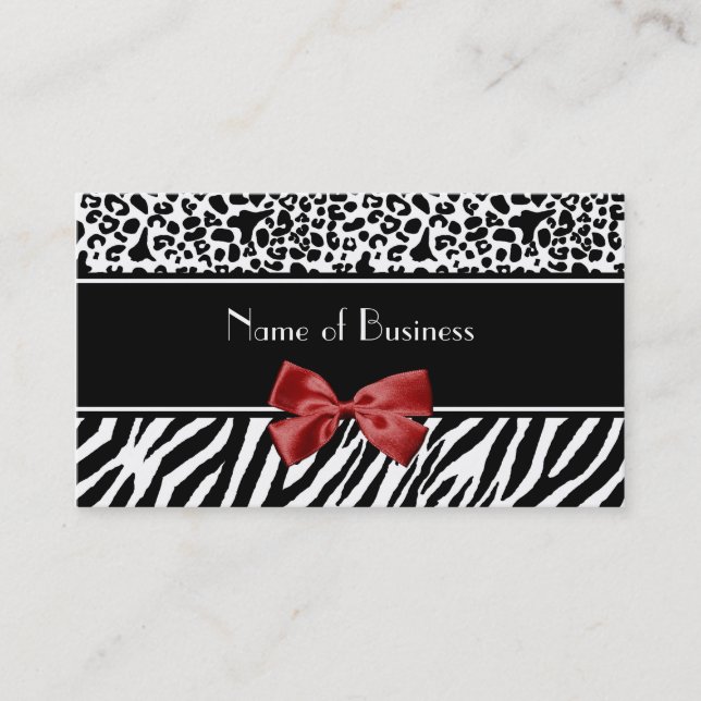 Trendy Black And White Leopard Zebra Red Ribbon Business Card (Front)