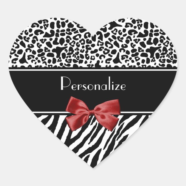 Trendy Black And White Leopard Zebra Red Ribbon Heart Sticker (Front)