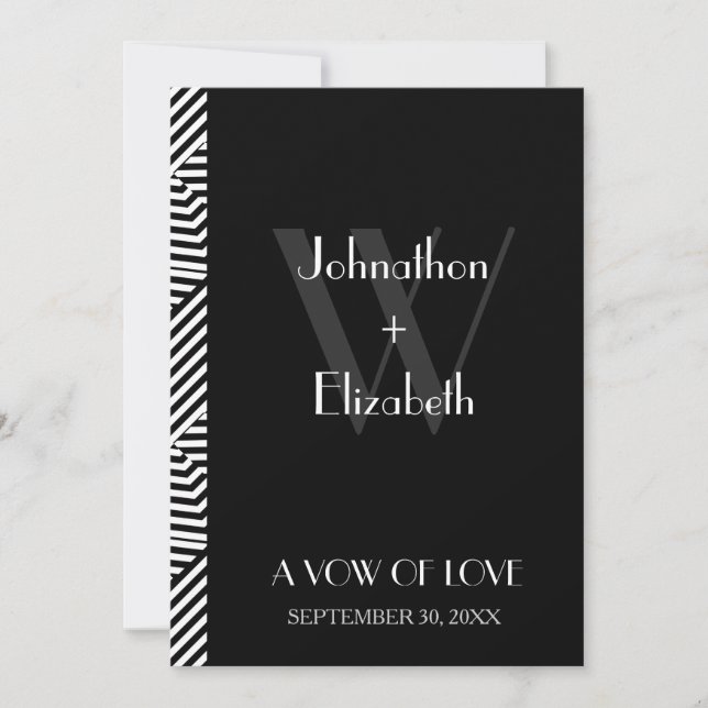 Trendy Black and White Monogram Stripes Wedding Invitation (Front)