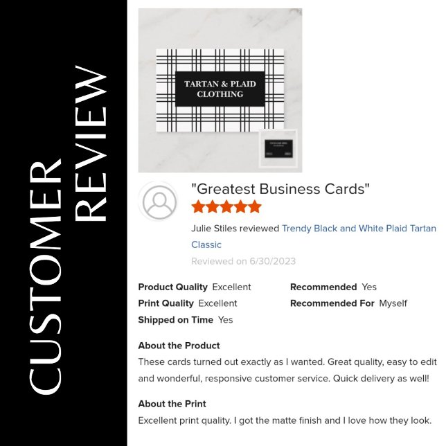 Trendy Black and White Plaid Tartan Classic Business Card (Happy Customer)