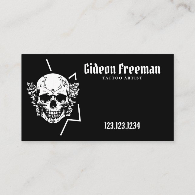 Trendy Black and White Skull Roses Tattoo Artist Business Card (Front)